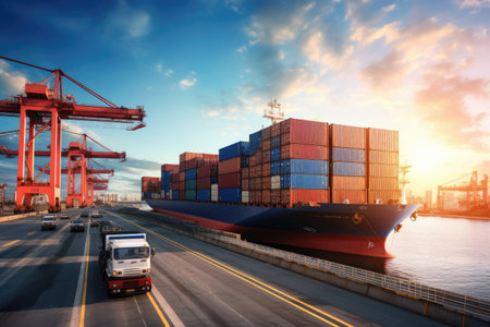 Container Cargo freight ship with working crane bridge at , Container Cargo freight ship with working crane bridge in the sea for Logistic Import Export background, AI Generatedの素材