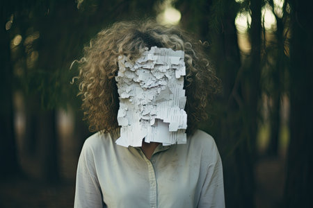 Scared woman with white paper on her face. Scary girl in the forest. anonymous woman covering face with paper, AI Generatedの素材