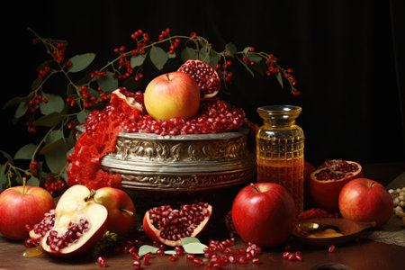 Rosh hashanah jewish New Year holiday concept. Traditional symbols, Apples pomegranate and honey for Rosh Hashanah, AI Generatedの素材
