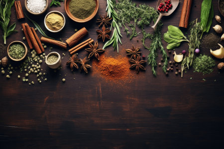 Spices and herbs on wooden background. Top view with copy space, Aromatic herbs and spices background. Seasoning as ingredient for delicious food, AI Generatedの素材