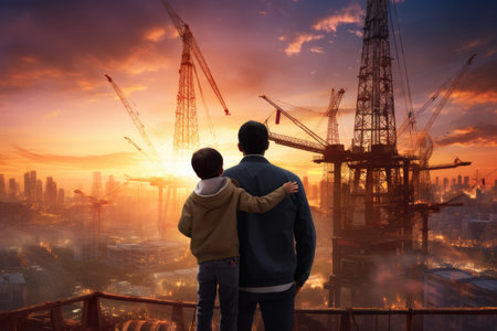 Couple looking at construction site at sunset, back view of man and woman looking at construction site, Asian boy on father's shoulders, silhouette construction cranes of evening sunset, AI Generatedの素材