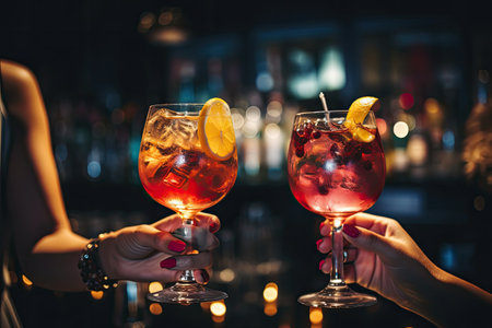 Two female hands holding glasses of red cocktail with ice and lemon on the bar background, Cropped image of female friends clinking glasses with cocktails at bar counter, AI Generatedの素材