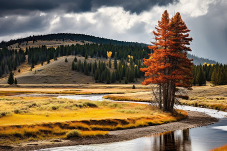 Autumn landscape in Yellowstone National Park, Wyoming, United States. Autumn landscape in Yellowstone, Wyoming, USA, AI Generatedの素材