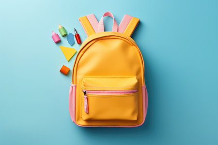 School backpack with stationery on color background. Back to school concept, Back to school concept. Backpack with school supplies. Top view, AI Generatedの素材
