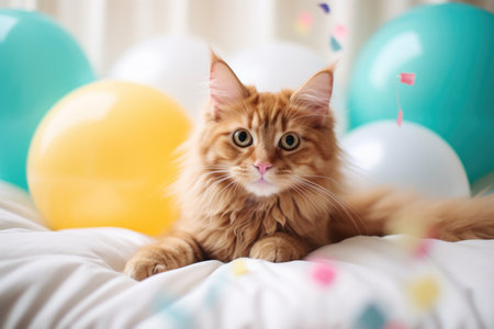 Cute ginger cat lying on bed with colorful balloons and confetti, Cute ginger cat with colorful balloons on bed. Fluffy pet, AI Generatedの素材