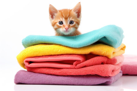 Cute little kitten on pile of colorful towels isolated on white background, Cute ginger kitten on pile of colorful towels, isolated on white, AI Generatedの素材
