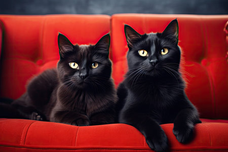Two black cats sitting on red sofa and looking at the camera, Cute red cat and black cat lying on sofa, closeup, AI Generatedの素材