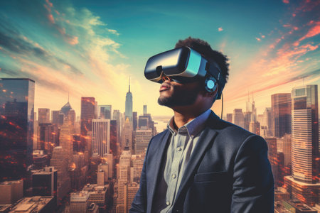 Businessman wearing virtual reality goggles over New York cityscape background, Digital composite of Man wearing virtual reality headset against cityscape with buildings, AI Generatedの素材