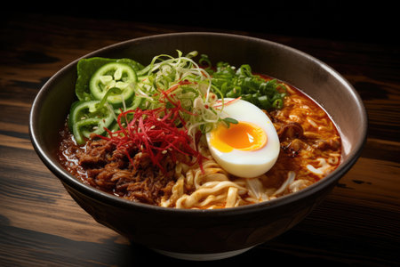 Japanese ramen noodle with beef and egg on wooden table, Embark on a spicy ramen adventure with a steaming bowl of noodles, vibrant toppings, and tantalizing chili oil, AI Generatedの素材
