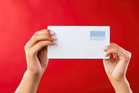 Hands holding blank paper on red background, mockup for design, Empty card in woman hand. Copy space. American flag background, AI Generatedの素材