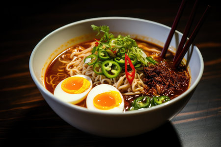 japanese ramen noodle with egg on black wooden background, Embark on a spicy ramen adventure with a steaming bowl of noodles, vibrant toppings, and tantalizing chili oil, AI Generatedの素材