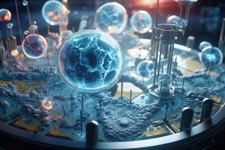 Futuristic 3D illustration of a planet with glowing particles, Explore cellular research, revealing intricate structures and processes at the microscopic level, AI Generatedの素材