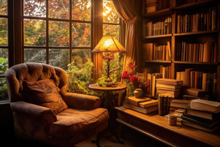 Interior of an old library with bookshelves and armchair, Escape to a bookworm's paradise with a cozy reading corner, complete with an armchair, a table piled with books, and a, AI Generatedの素材