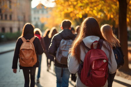 Back view of a group of students with backpacks walking on the street in autumn, Back view of a group of students with backpacks walking on the street, high school kids with school bags, AI Generatedの素材