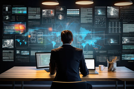 Rear view of businessman sitting at table in office and looking at screen, Back view of businessman working with virtual panel and infographs at background, AI Generatedの素材