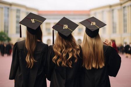 back view of three girls in graduation gowns standing on the stairs, backside graduation hats during commencement success, AI Generatedの素材
