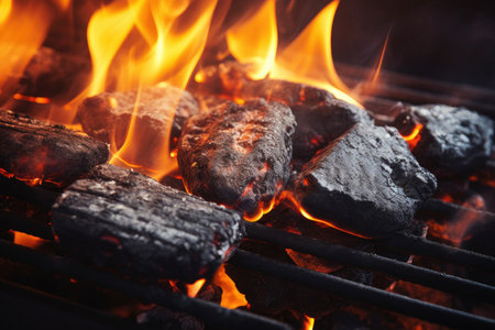 Closeup of burning charcoal on barbecue grill with flames and smoke. Barbecue Grill Pit With Glowing And Flaming Hot Charcoal Briquettes, Close Up, AI Generatedの素材