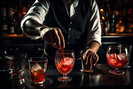 Bartender pouring red cocktail into a glass at the bar counter, Bartender pouring and serving alcoholic drinks at the bar, top section cropped, AI Generatedの素材