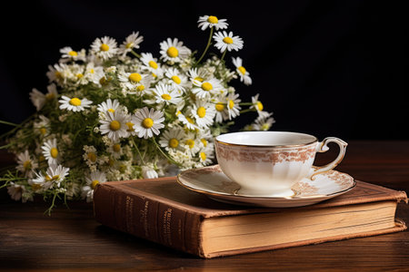 Cup of tea with chamomile flowers on old book, beautiful composition with chamomile flowers in Cup, old book, AI Generatedの素材