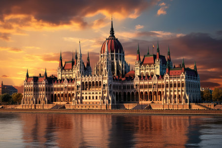 Parliament building in Budapest, Hungary at sunset with reflection in Danube river. Beautiful building of Parliament in Budapest, popular travel destination, AI Generatedの素材
