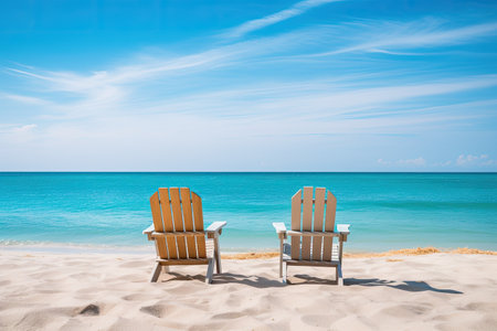 Beach chairs on the sand and blue sky background with copy space, Beautiful beach. Chairs on the sandy beach near the sea. Summer holiday and vacation concept for tourism, AI Generatedの素材