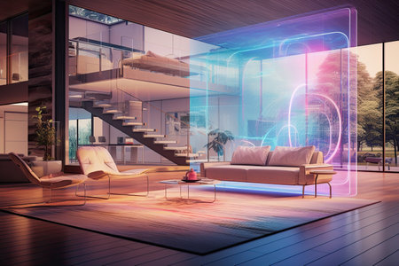 Modern bright interiors. 3d rendering abctract scene. Beautiful modern house interior with digital hologram effect overlay, AI Generatedの素材
