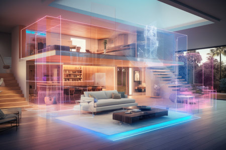 3d rendering of a modern living room with a wooden floor. Beautiful modern house interior with digital hologram effect overlay, AI Generatedの素材