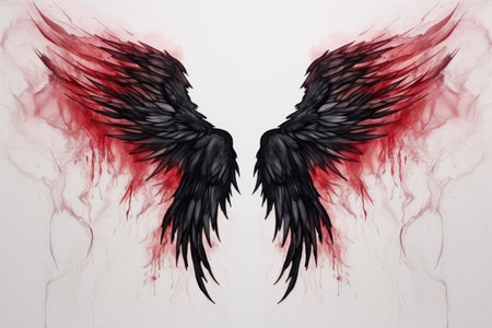 Black angel wings with red smoke on white background. Close-up. Beautiful magic red black wings drawn with watercolor effect, AI Generatedの素材