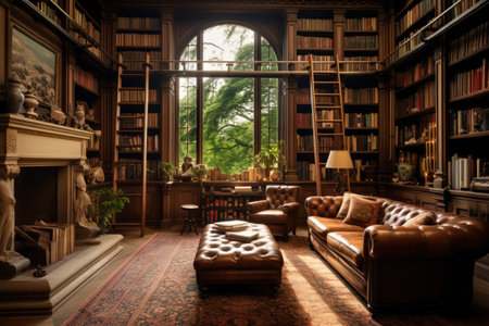Luxury interior of an old library with bookshelves, leather armchairs and a bookcase, beautiful home library, AI Generatedの素材