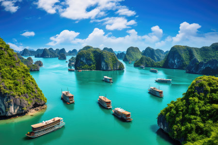 Halong Bay, Vietnam in a summer day with boats and blue sky, Beautiful landscape Halong Bay view from adove the Bo Hon Island, AI Generatedの素材