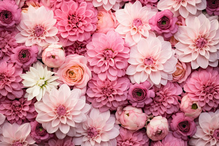Pink and white dahlia flowers background. Top view, flat lay, Beautiful Pink flowers background, AI Generatedの素材