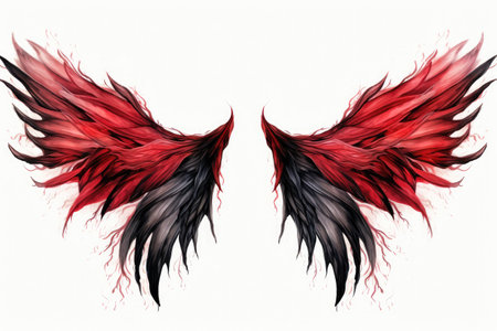 Two wings of red and black color on a white background, isolated, Beautiful magic red black wings drawn with watercolor effect, AI Generatedの素材