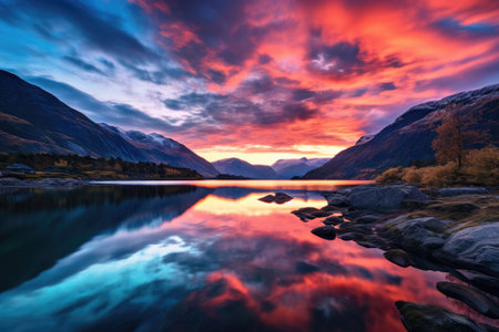 Beautiful sunset over Glencoe lake in Glencoe, Scotland, UK, beautiful twilight sky over a fjord, AI Generatedの素材