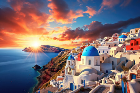 Santorini, Greece. Picturesque view of Oia village at sunset, Beautiful view of Churches in Oia village, Santorini island in Greece at sunset, with dramatic sky, AI Generatedの素材