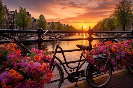 Beautiful sunset over Amsterdam canals with bicycles and colorful flowers. Beautiful sunrise over Amsterdam, The Netherlands, with flowers and bicycles on the bridge in spring, AI Generatedの素材