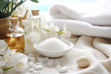 Spa setting with sea salt, towel and flowers on light background, beauty treatment items for spa procedures on a white wooden table. massage stones, essential oils, and sea salt. , AI Generatedの素材