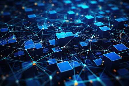 Abstract blue background with connection and network concept. 3D Rendering, Big data flow in cyber blockchain fields with blue network system, AI Generatedの素材