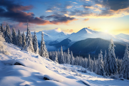 Fantastic winter landscape glowing by sunlight. Dramatic wintry scene. Carpathian, Ukraine, Europe. Beauty world, Beautiful winter landscape in the Carpathian Mountains, Ukraine, AI Generatedの素材