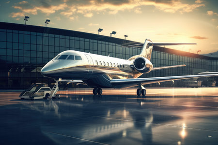 Modern private jet in the airport at sunset. 3D Rendering, Business jet in airport, AI Generatedの素材