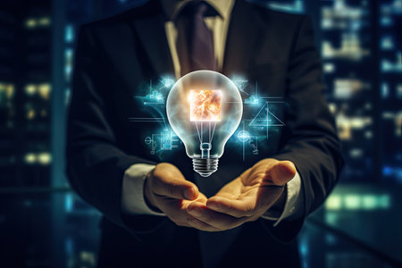 Close up of businessman holding glowing light bulb in his hand. Idea concept, Businessman hand holding light bulb with graph and chart on virtual screen, AI Generatedの素材