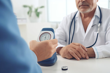 Doctor measuring blood pressure of senior patient in hospital. Medical and healthcare concept. Blood pressure monitor in the medical office. The doctor monitoring Blood pressure, AI Generatedの素材