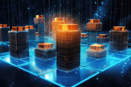 3d rendering of a skyscraper on a blue background with lights, Blockchain on a data computation layer, AI Generatedの素材