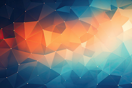 Abstract polygonal background. Triangular low poly background with gradient, Blue orange Gradient Digital Polygons: A Network Grid Fusion background wallpaper, AI Generatedの素材