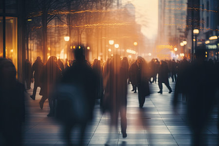 Crowd of people walking in the city at night, motion blur, Blurred crowd of unrecognizable at the street, AI Generatedの素材