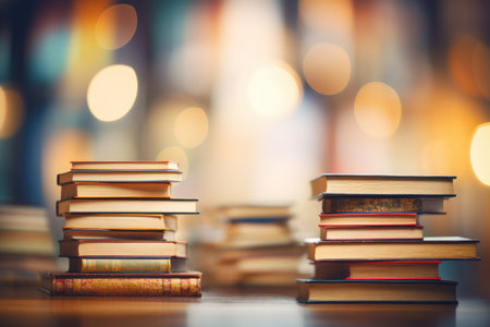 Pile of books on the table with bokeh background, book stack with ladder on sky with clouds backgroundの素材