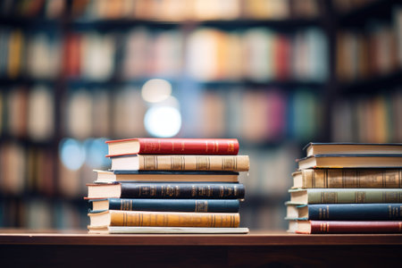 Stack of books on the table in library. Education and learning concept, book stack with ladder on sky with clouds backgroundの素材