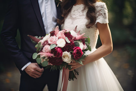 wedding bouquet in the hands of the bride and groom, bride and groom holding bouquet, AI Generatedの素材