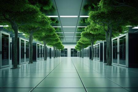 Modern interior of a server room with green trees. 3D rendering, Bright server room with trees and grass growing out out of servers, AI Generatedの素材