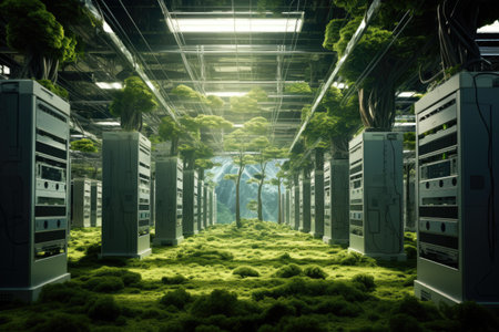 Futuristic server room with green grass and trees 3D rendering, Bright server room with trees and grass growing out out of servers, AI Generatedの素材