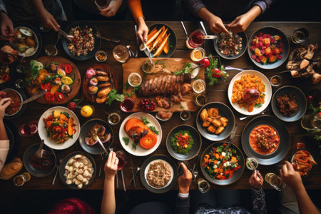 Top view of group of people having dinner together while sitting at wooden table, Brunch Choice Crowd Dining Food Options Eating Concept, top view, AI Generatedの素材